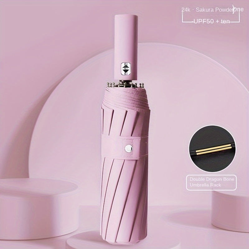 24-Rib Folding Umbrella UV Protection Windproof Waterproof Black Vinyl All Weather