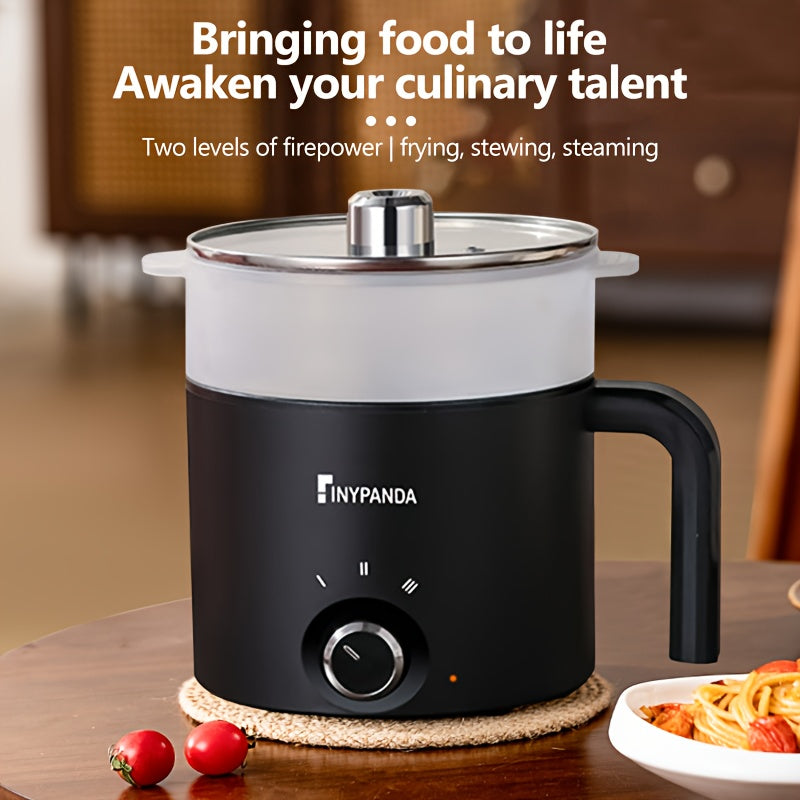 Olla eléctrica compacta negra con múltiples funciones, sartén antiadherente y enchufe europeo