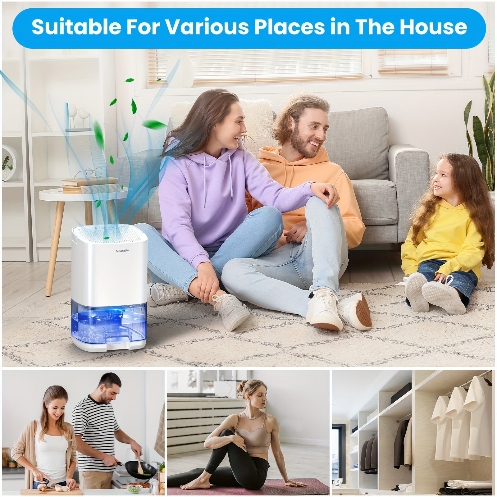 Uy uchun yotoqxona uchun 1L portativ namlikni olib tashlovchi qurilma, ko‘k LED chiroq bilan, shovqinsiz ishlash