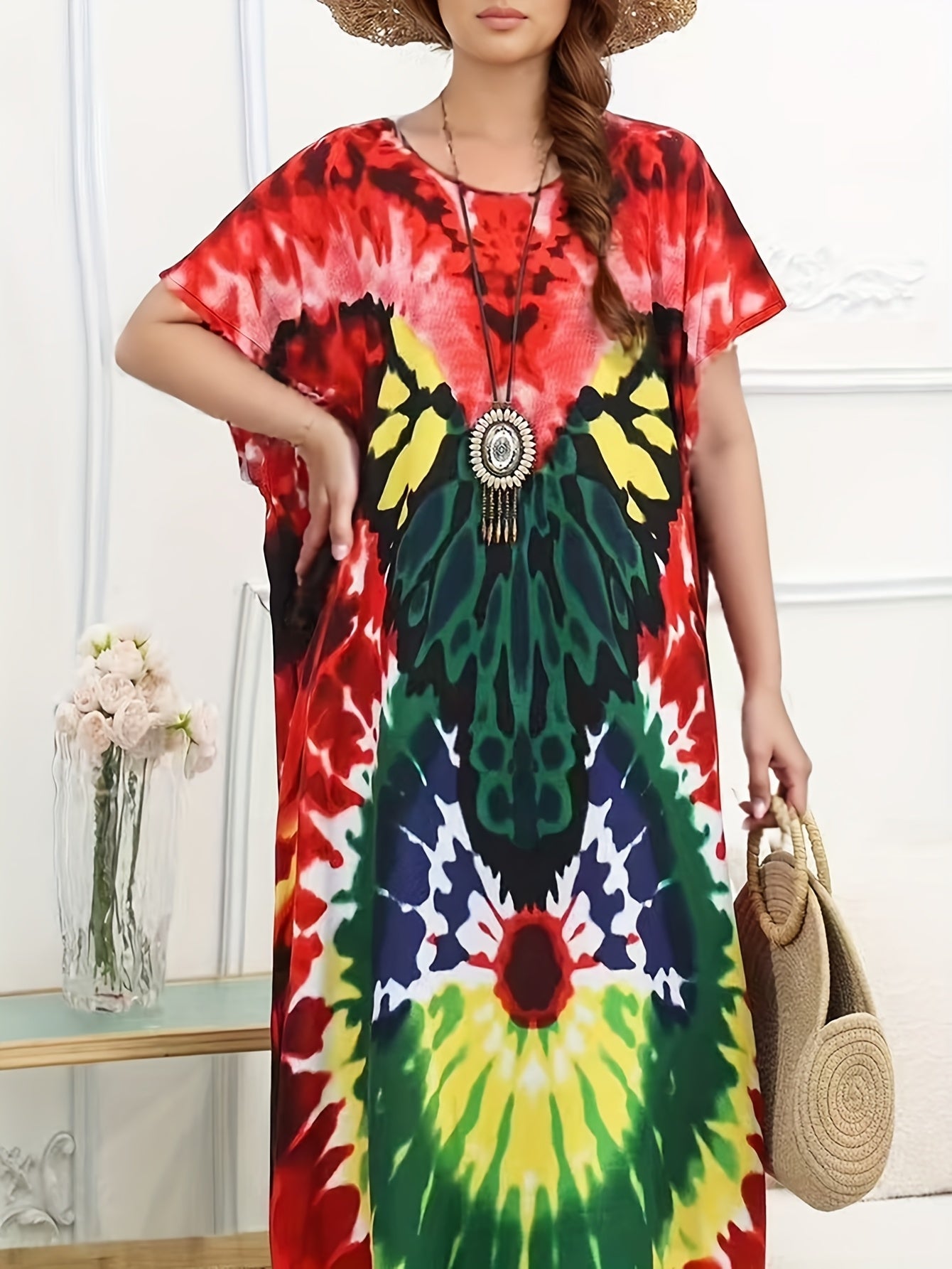 Plus o'lcham ayollar uchun tie-dye plyaj kiyimlari, bezsiz, quyoshdan himoyalovchi tunik