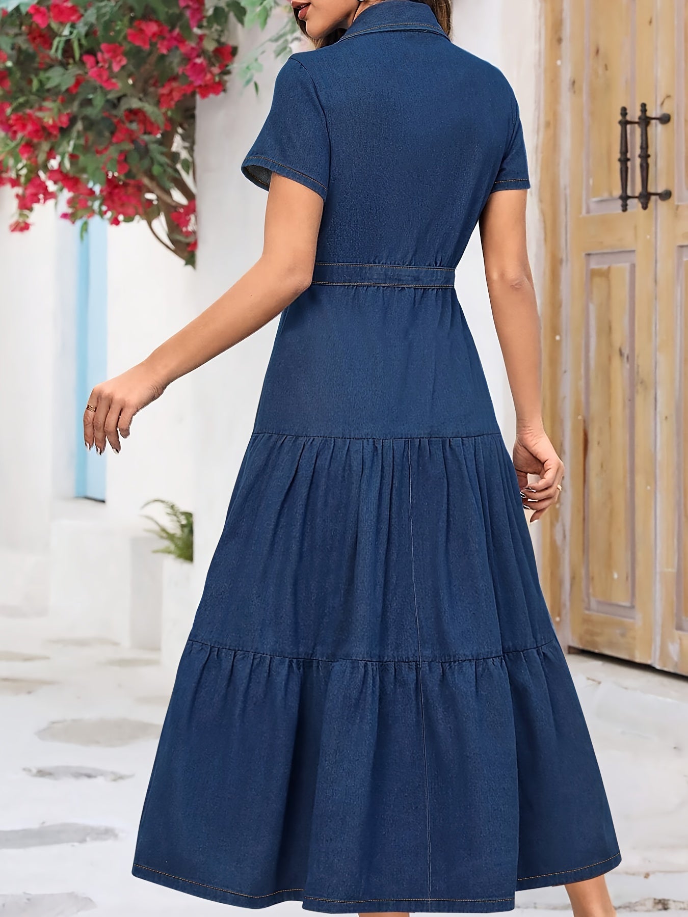 Women's Plus Size Blue Denim Dress Short Sleeve Ruffled Hem Button Details