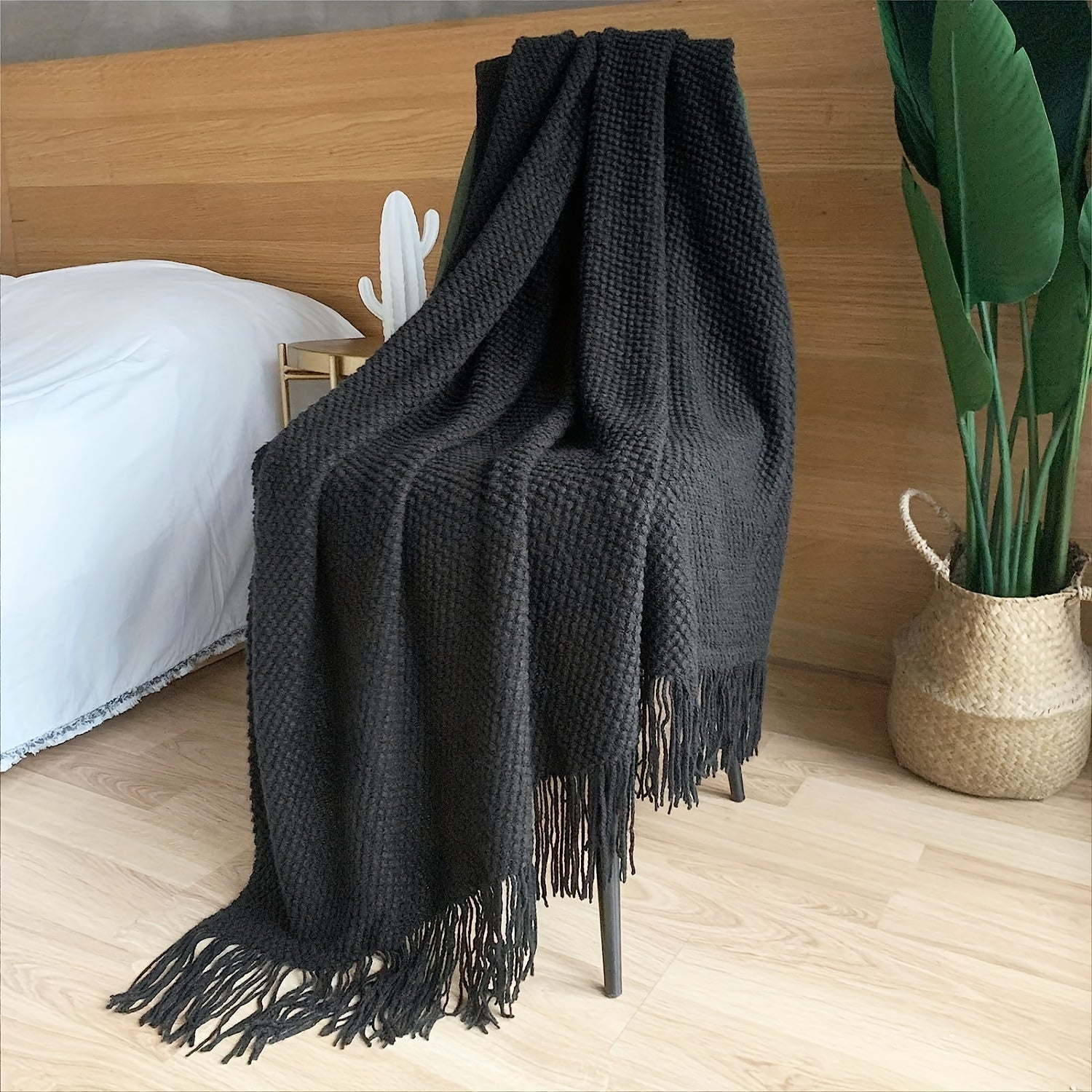 Knit Throw Blanket with Tassels Lightweight Acrylic Bubble Texture for Couch Bed Decor