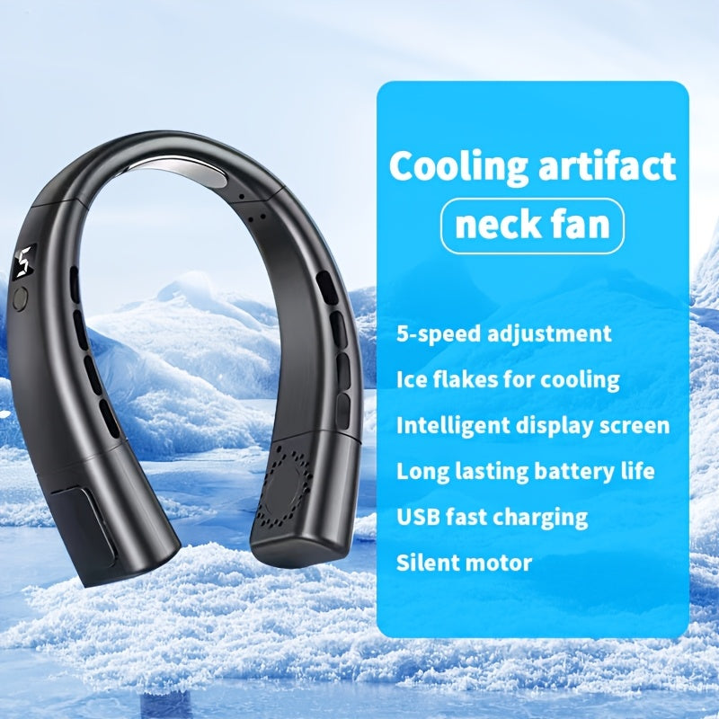 Ventilador digital de cuello de 5 modos portátil con placa de enfriamiento para actividades al aire libre camping viajes pesca recargable por USB