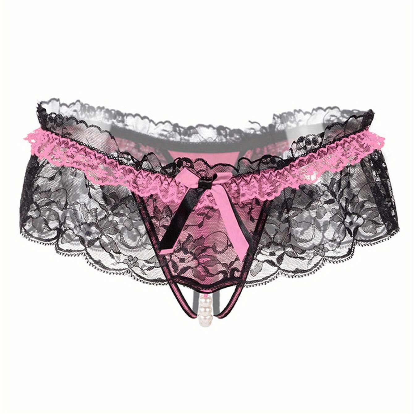 Women's Floral Lace Mesh Thongs and Open Crotch Faux Pearl Panties Lingerie