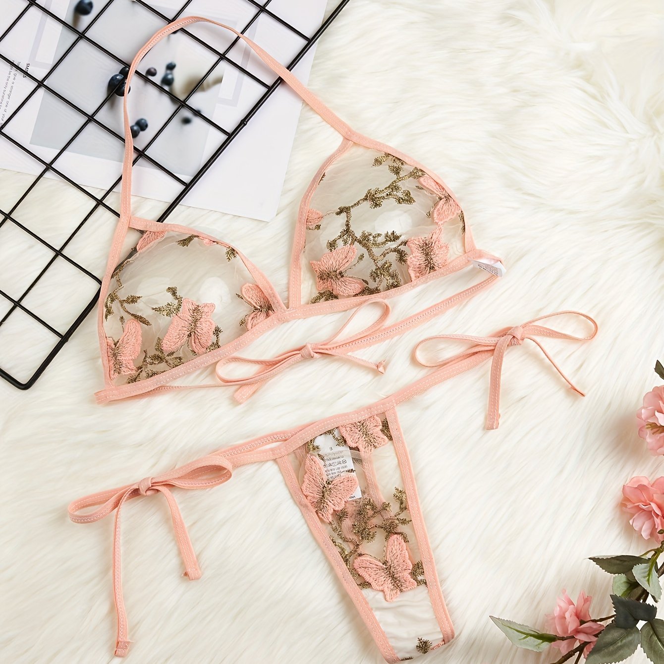 Women's Butterfly Embroidery Lingerie Set with Triangle Halter Tie Bra and Thong
