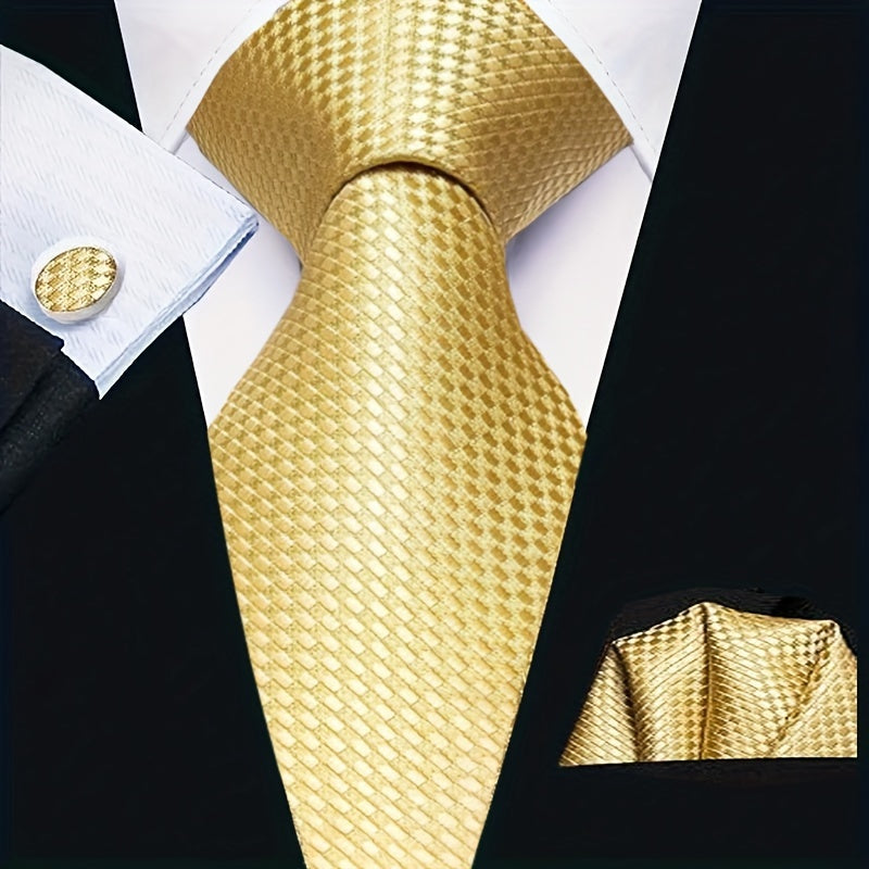 Men's Striped Necktie Set with Cufflinks and Pocket Square for Business and Parties