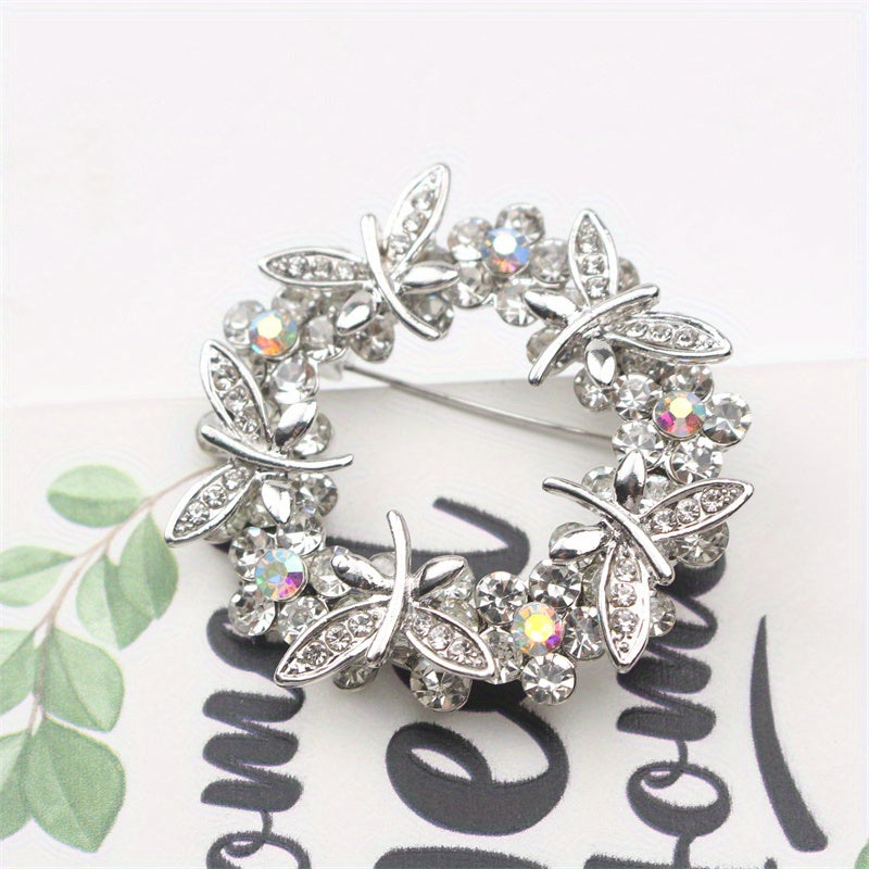 Antique Dragonfly and Floral Brooch Rhinestone Enamel Pin for Women