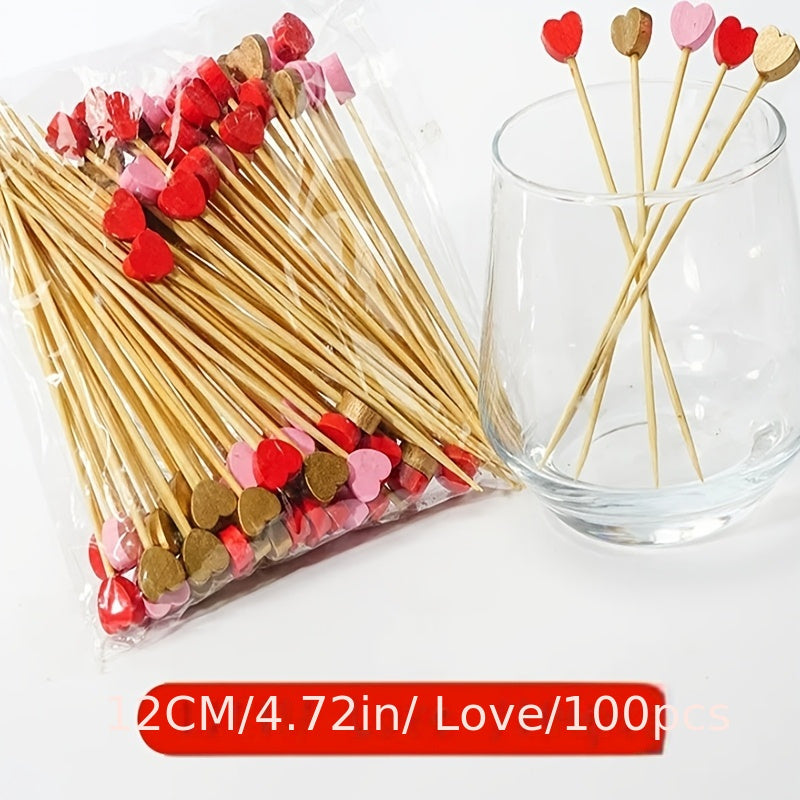 100pcs Red Heart Disposable Bamboo Skewers for Wedding and Party Food