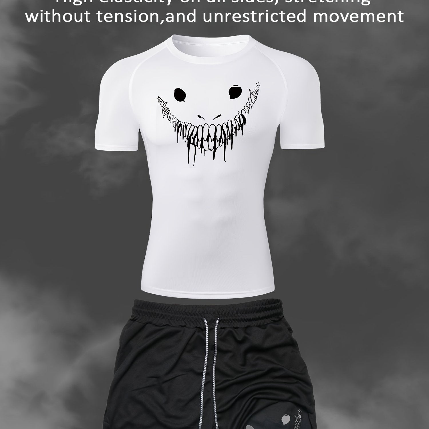 Men's Athletic Set Quick-Dry Smile Print T-Shirt and Multi-Pocket Shorts for Gym Running Outdoor