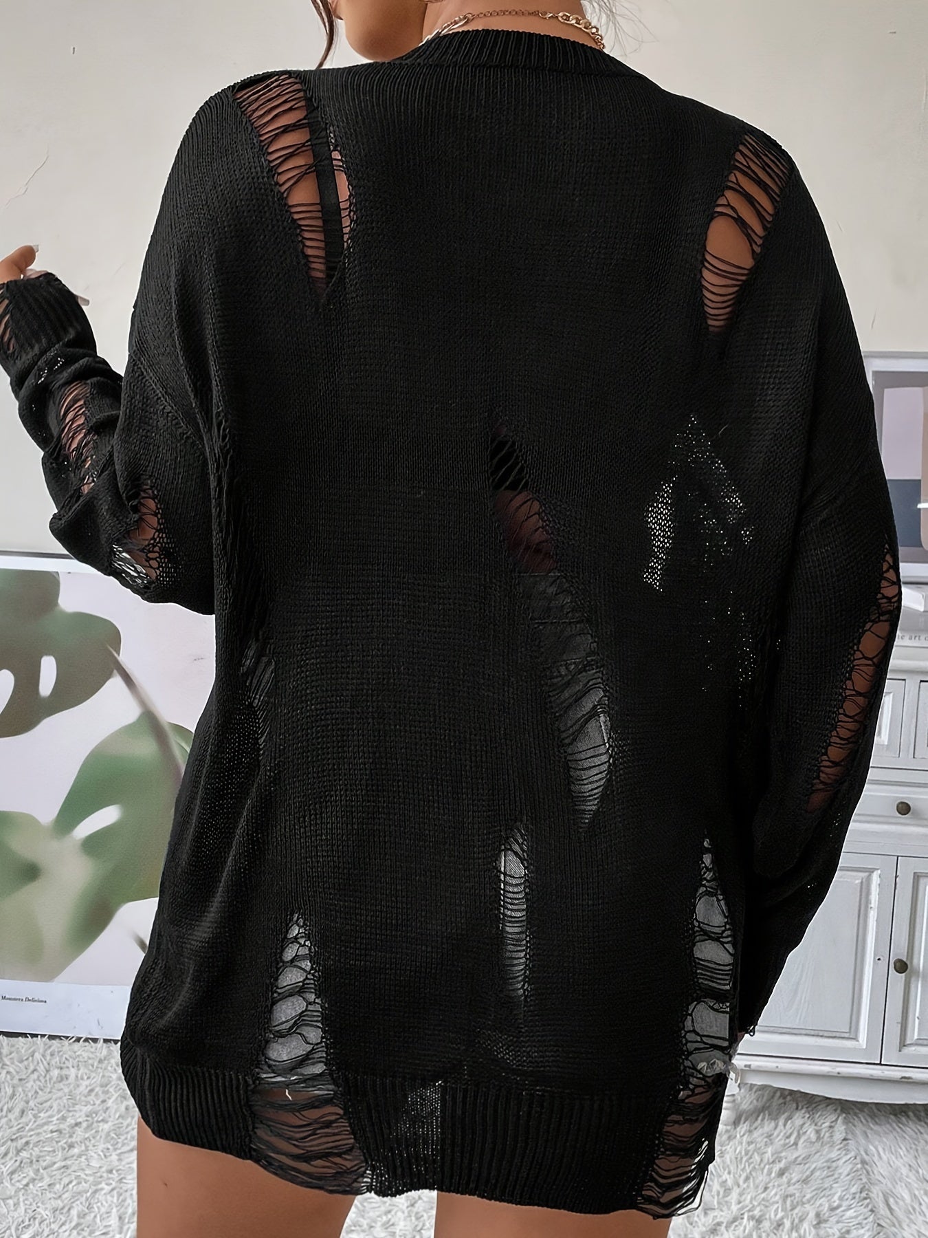 Plus Size Women's Sweater with Distressed Shoulder Hollow-Out Knit Pullover for Spring Summer