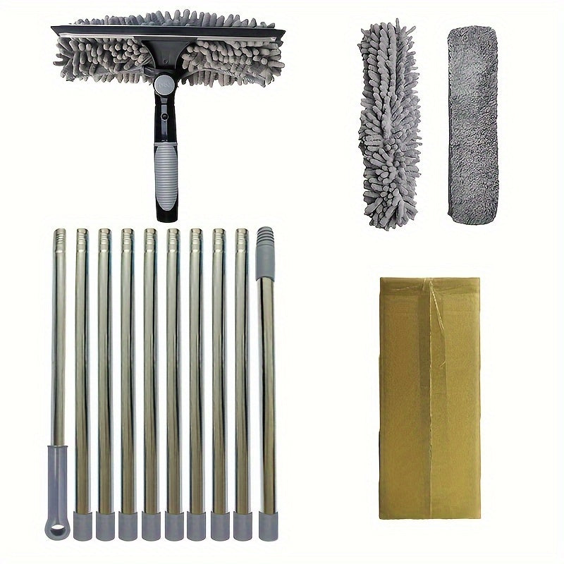 2in1 Window Cleaning Brush and Scraper Set with Telescopic Pole and Hard Bristle Brush