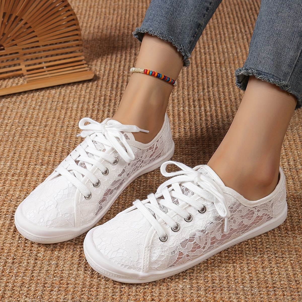 Women's White Lace Casual Flat Sneakers Breathable Comfortable Trendy
