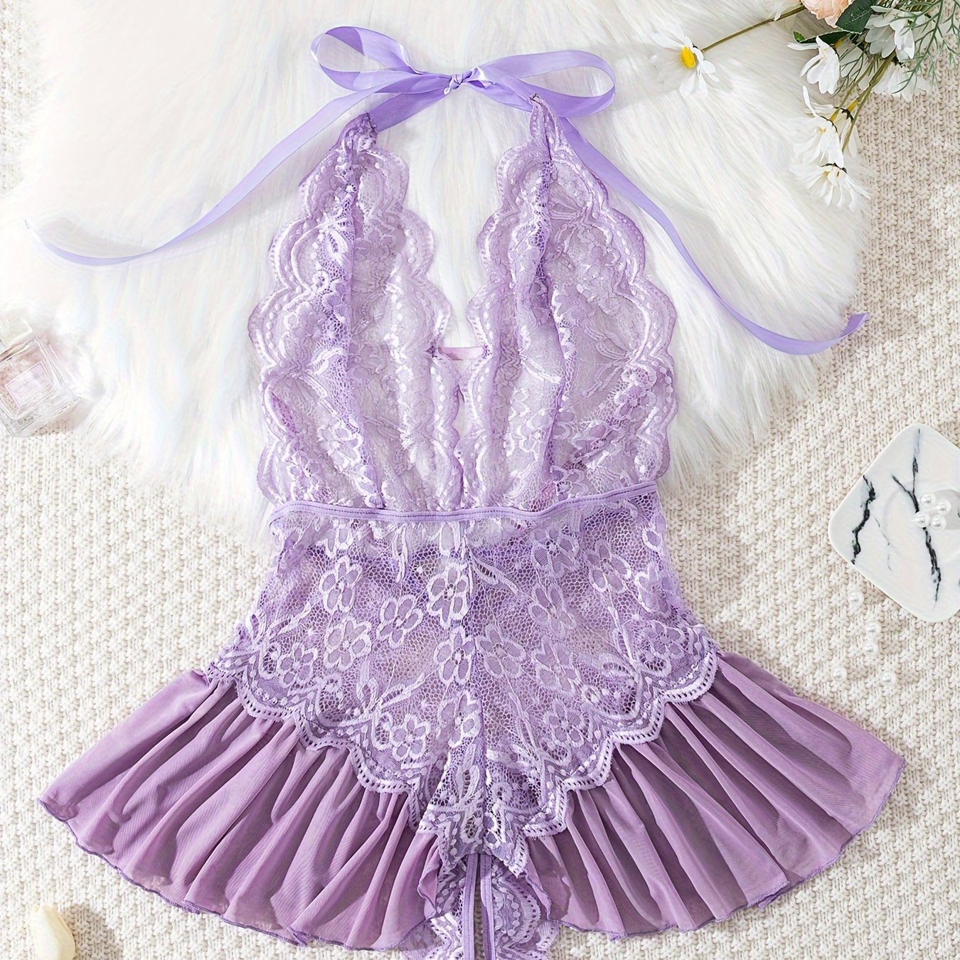 Women's Purple Lace Teddy Ruffled Backless Halter Bodysuit Lingerie