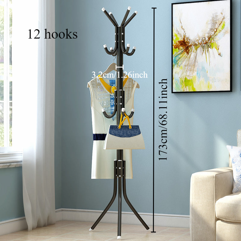 Black Metal Coat Rack with Single Rod and Hooks for Household Storage