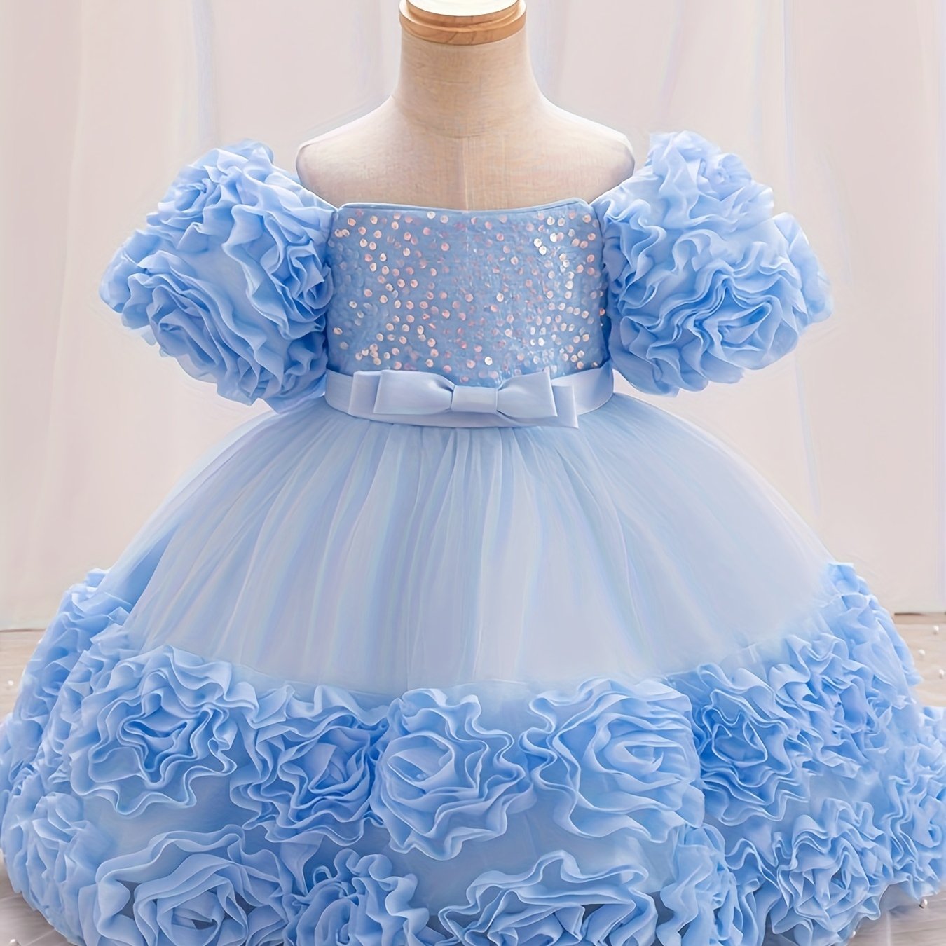 Girls Pink Princess Dress with Sequin Details Puff Sleeves Knee-Length for Pageants and Performances