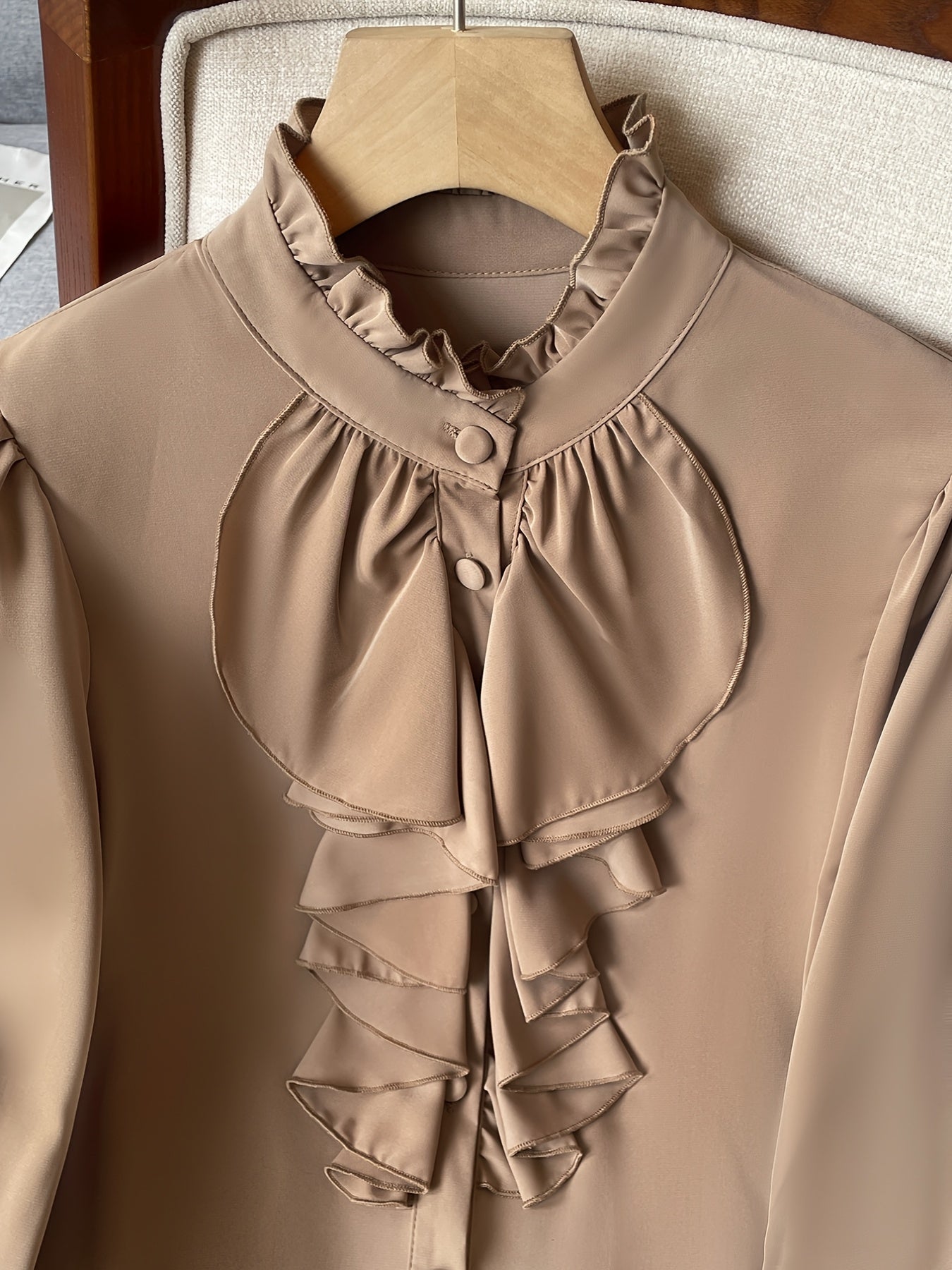 Women's Polyester Blend Blouse with Ruffle Detail and Stand Collar