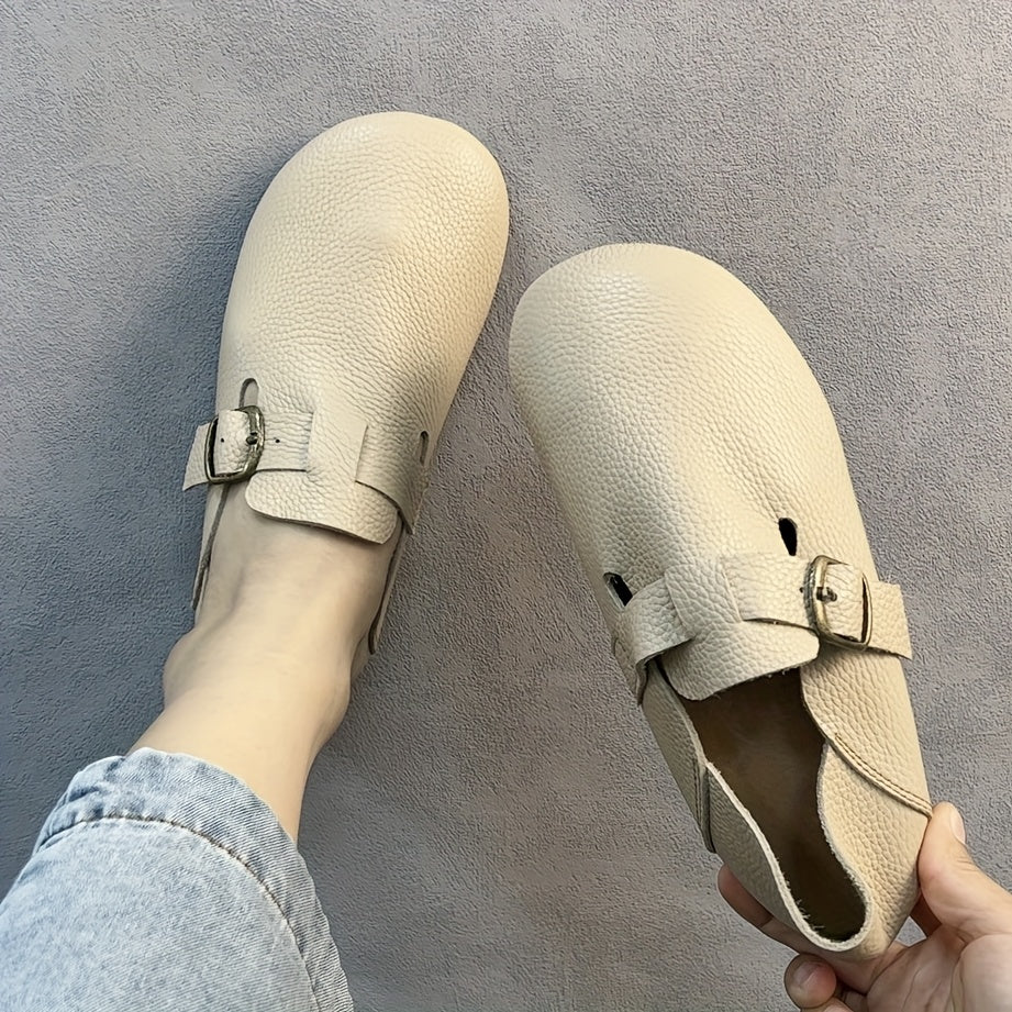 Women's Leather Flat Shoes with Buckle Strap Casual Loafers Brown