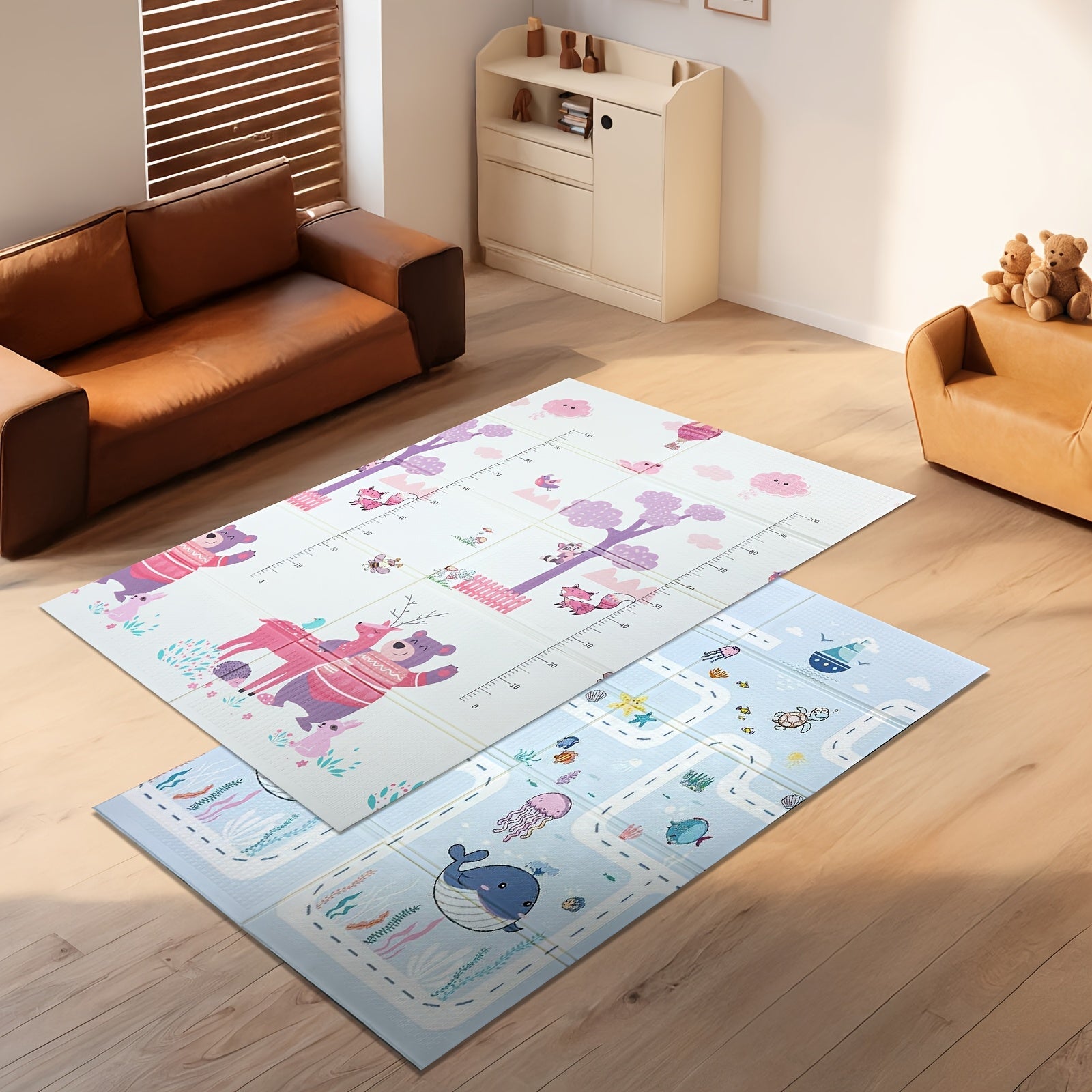 Foldable Reversible Foam Playmat for Kids Light Purple Deep Pink White Blue Nursery Floor Cushion