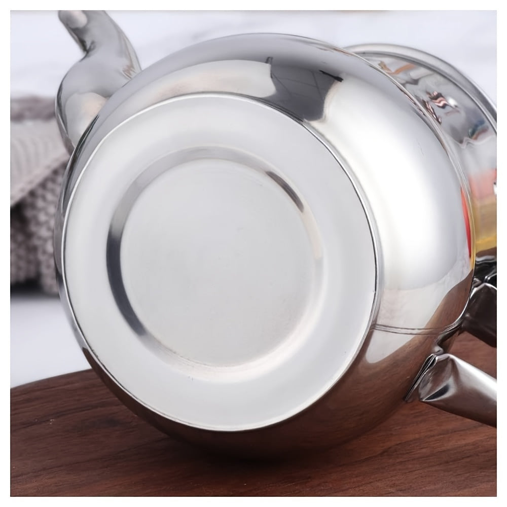 "Silver Stainless Steel Gooseneck Teapot with 48oz Capacity and Integrated Filter, BPA-Free Metal Tea Kettle and Coffee Server, Multi-Purpose Oval Table Serving Pot for Home, Restaurant, Outdoor Use. Dishwasher Safe."