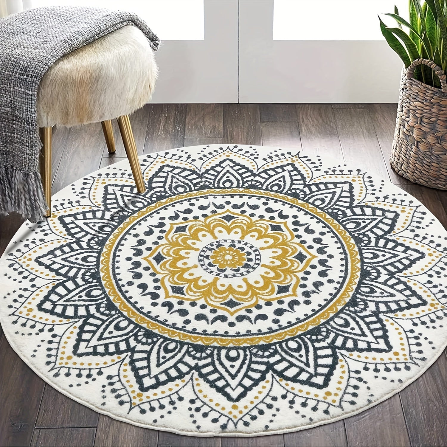 Bohemian Flower Round Carpet Rug Non-slip Indoor Living Room Bedroom Decor