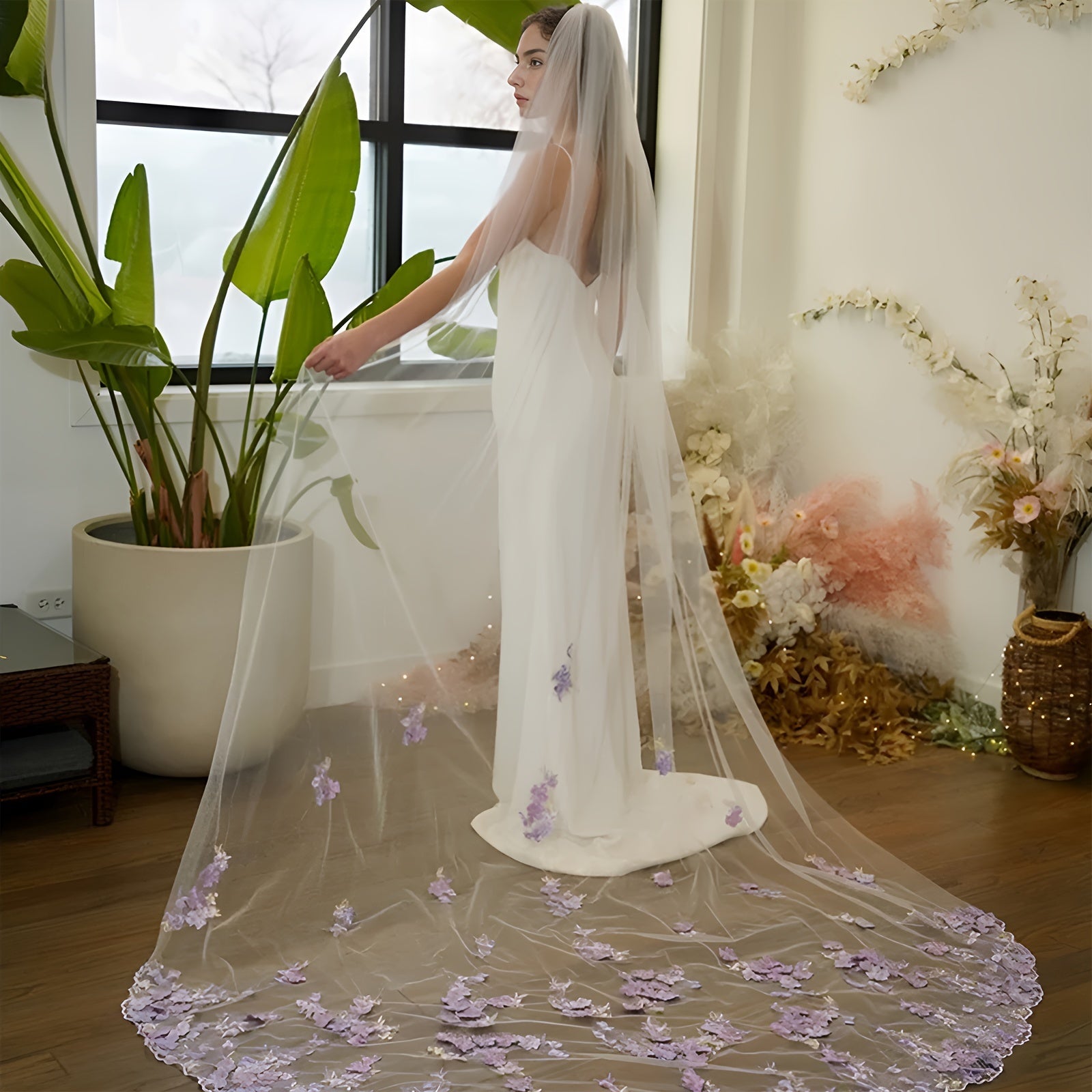 Purple Lace Bridal Veil with Comb Single-Layer Wedding Veil for Women