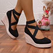 Women's Wedge Espadrilles Black Rope Sole Minimalist Ankle Strap Slip-Ons