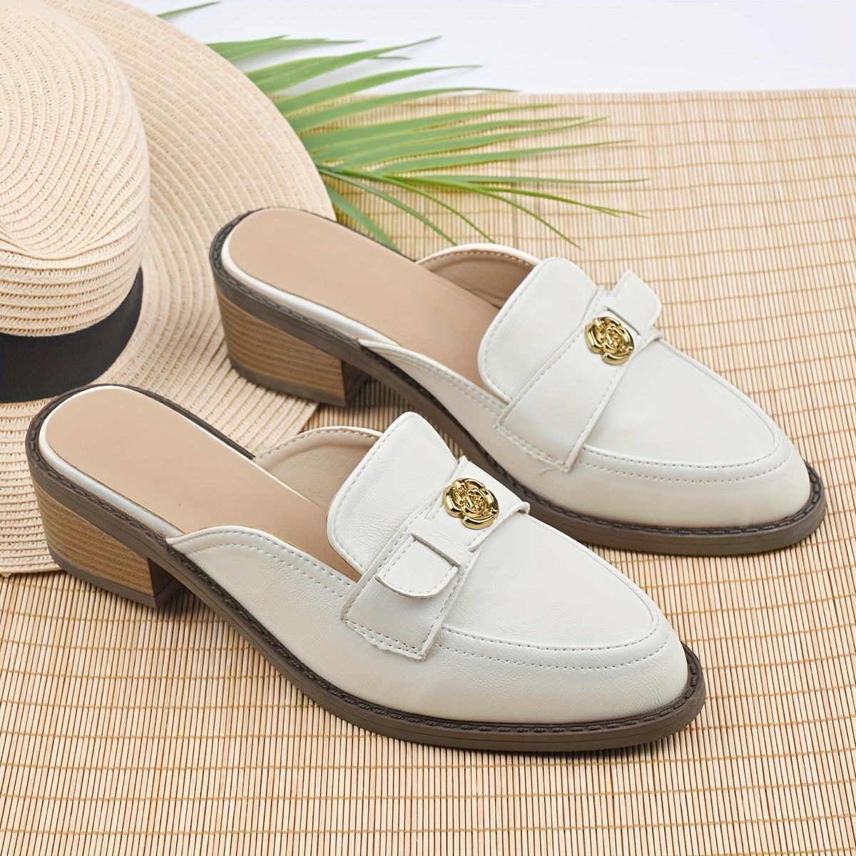 Women’s Floral Retro Pointed Toe Slip-On Mules White Brown Stylish Comfortable