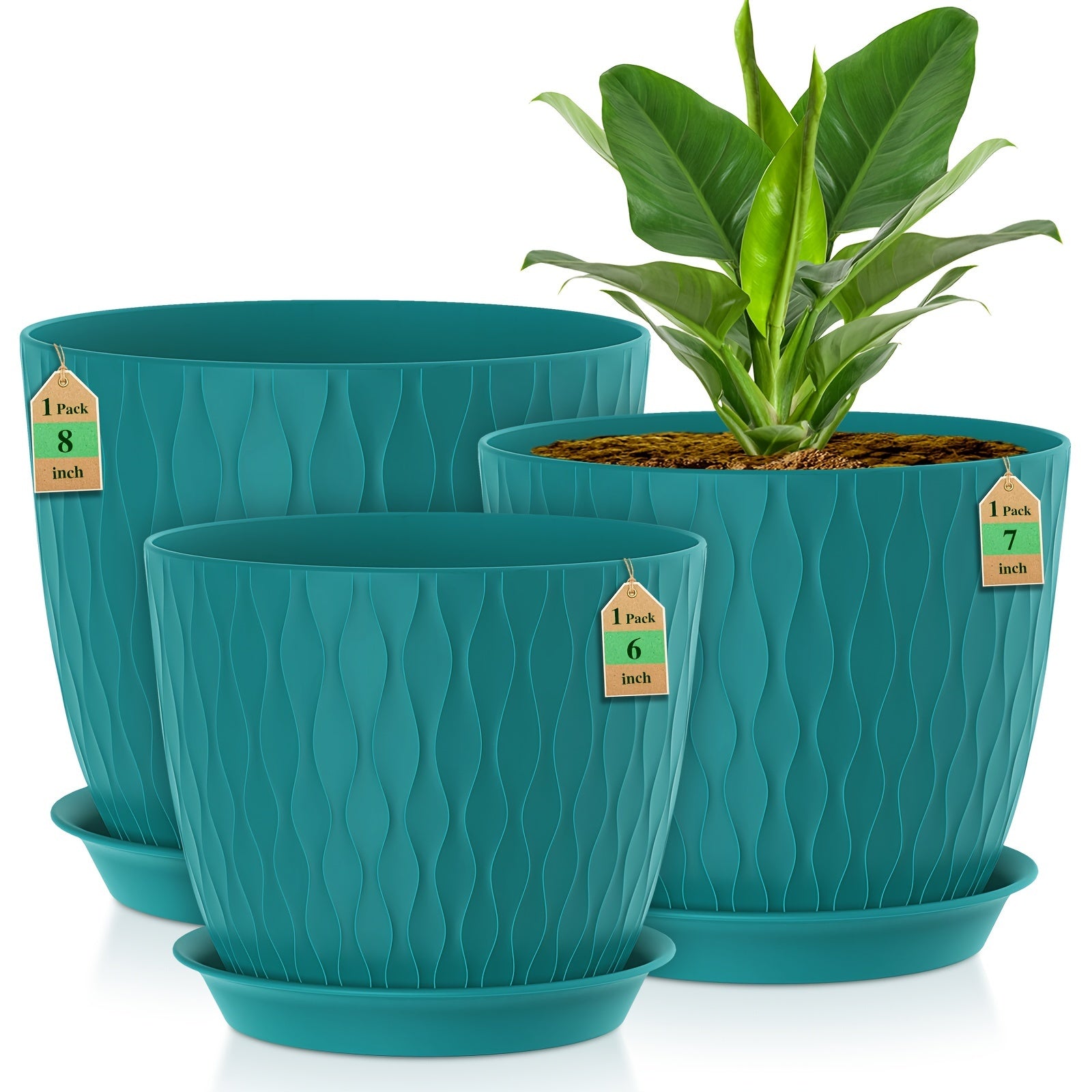 Set of Water Ripple Plastic Flower Pots with Drainage Holes for Indoor Outdoor Planting Large Medium Small