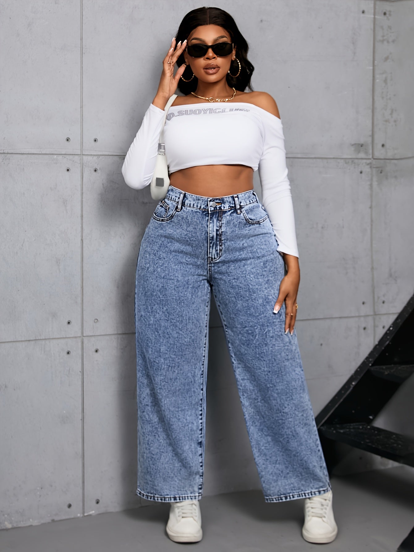 Plus Size High Waist Straight Leg Jeans Casual Washed Denim Solid Color Wide Leg Pants