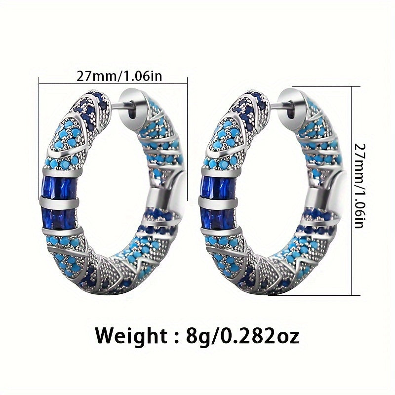 Sterling Silver Tribal Style Hoop Earrings with Blue Cubic Zirconia for Women