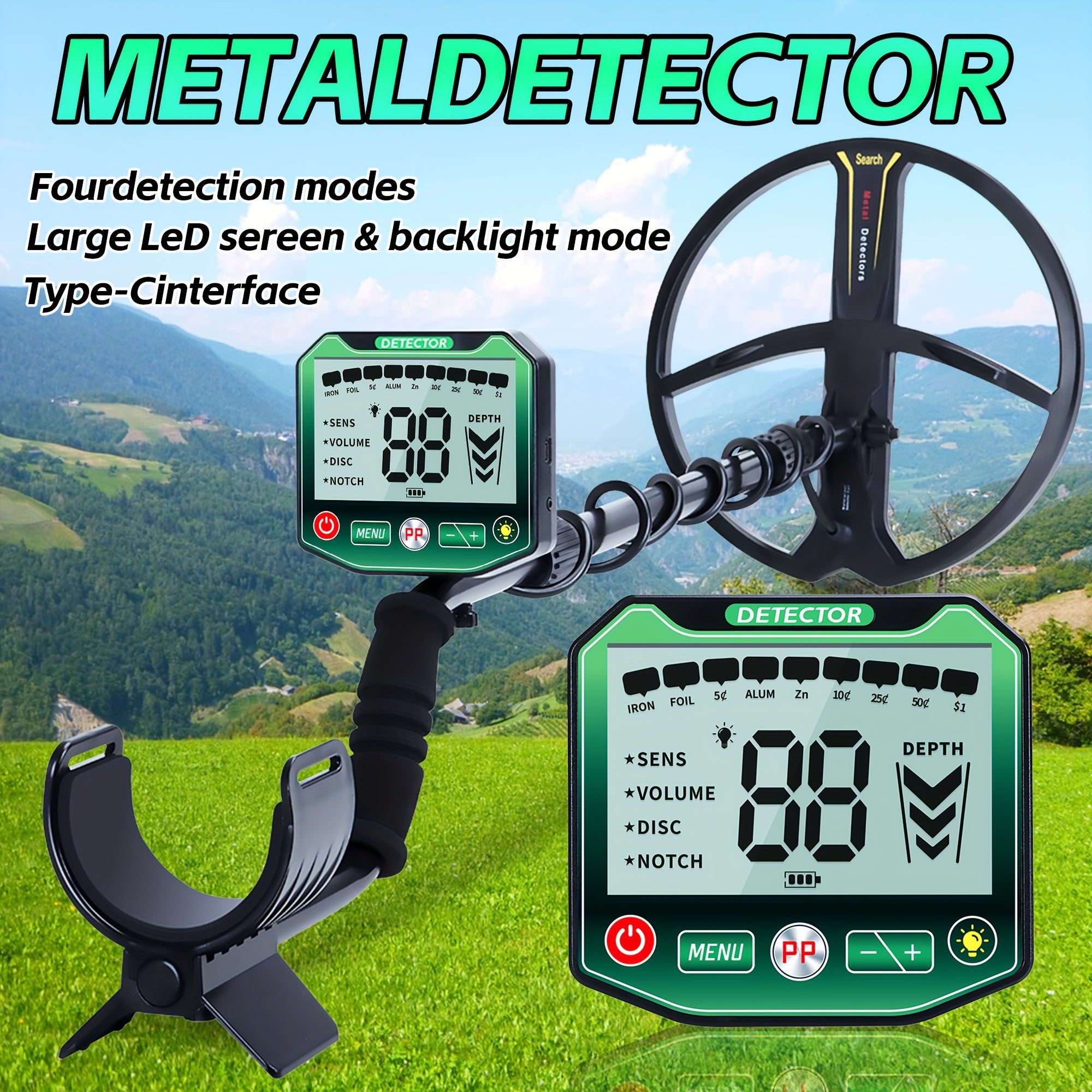 Detector de metales subterráneo con bobina de búsqueda de 27.94cm, pantalla LCD HD, modos ajustables para monedas y metales