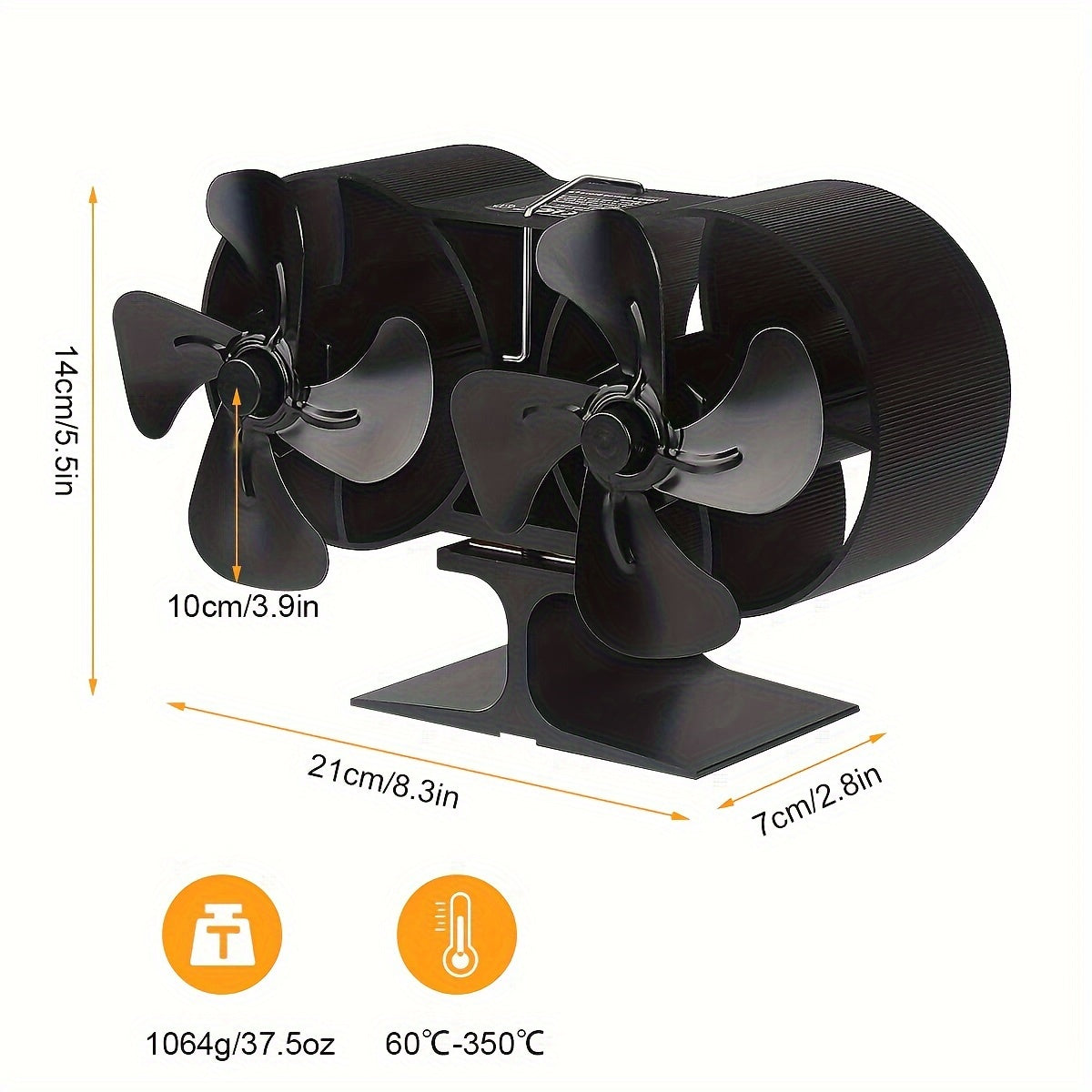 Aluminum Dual Head Stove Fan, Heat Powered Fireplace Fan, Large Room Circulation