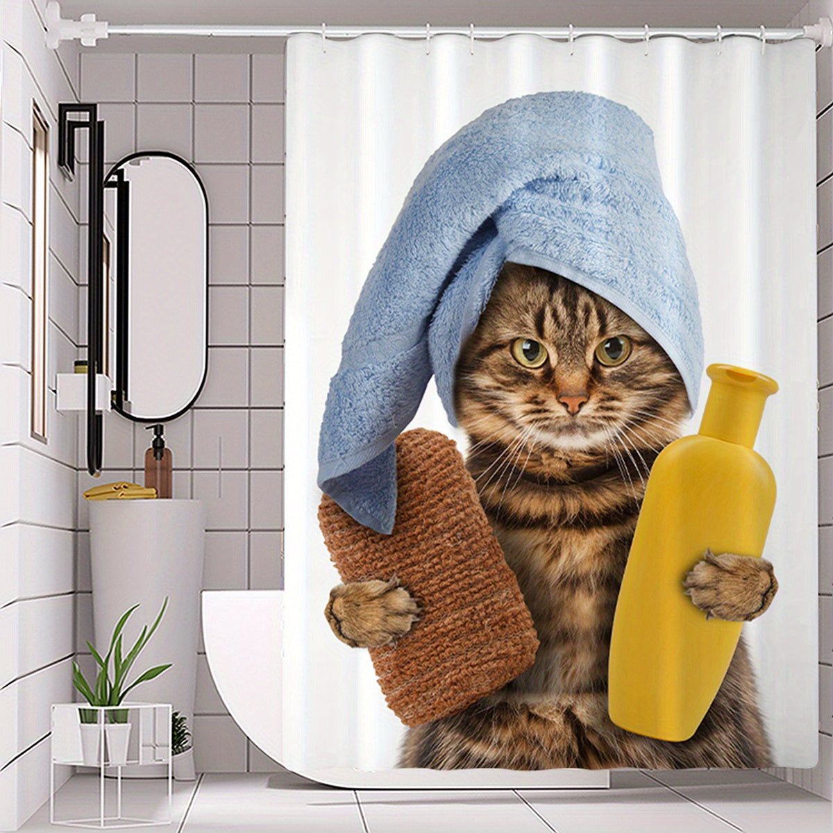 Funny Cat Pattern Shower Curtain Waterproof Fabric for Bathroom Decor