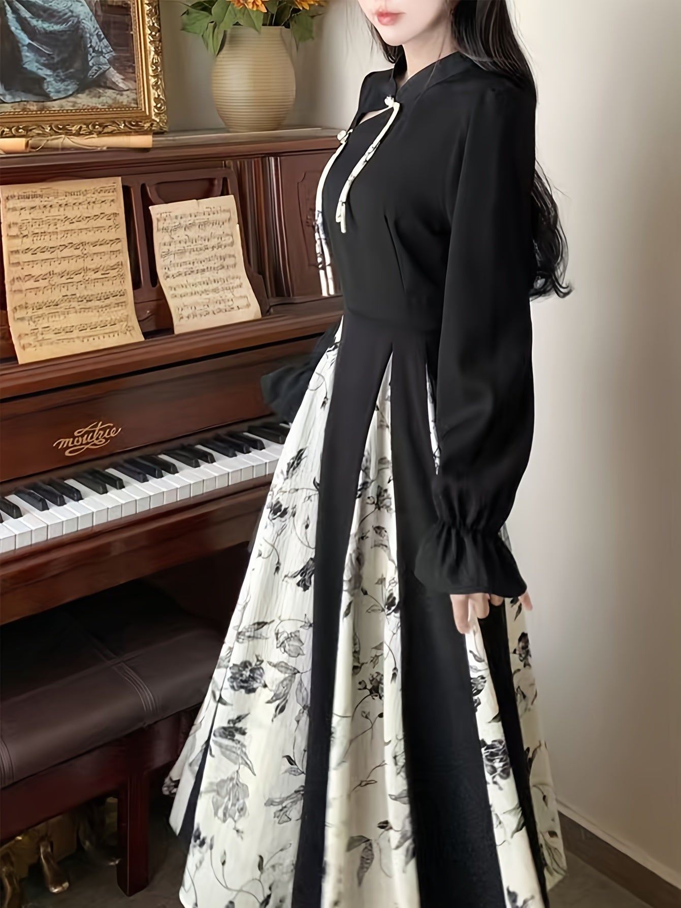 Women's Long Cheongsam Dress Lantern Sleeve Polyester Flared Party Holiday