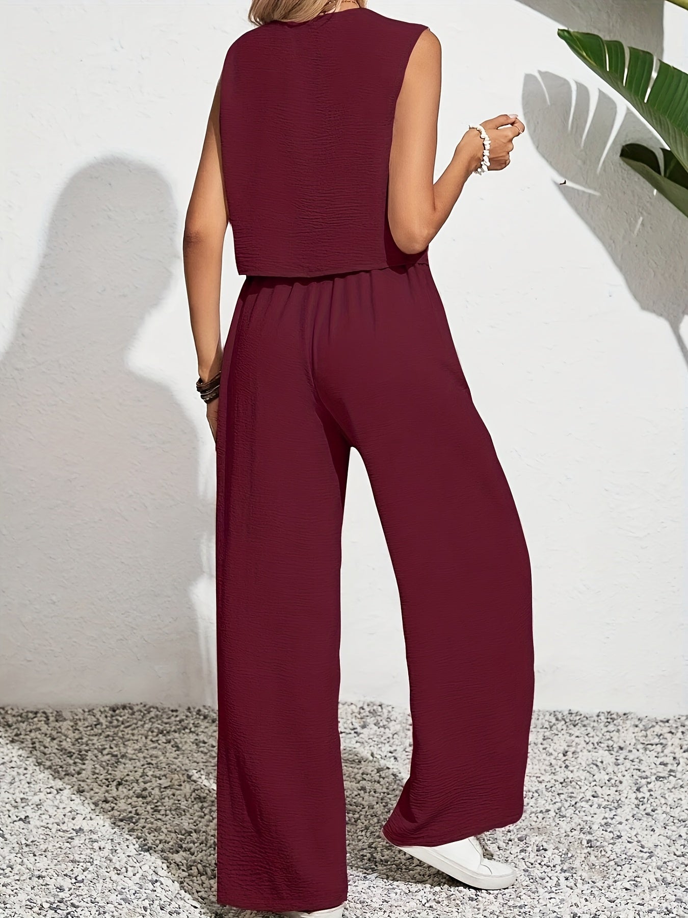 Traje casual para mujer con chaleco de cuello en V con botones y pantalones de cintura elástica, ligero de poliéster, primavera y verano