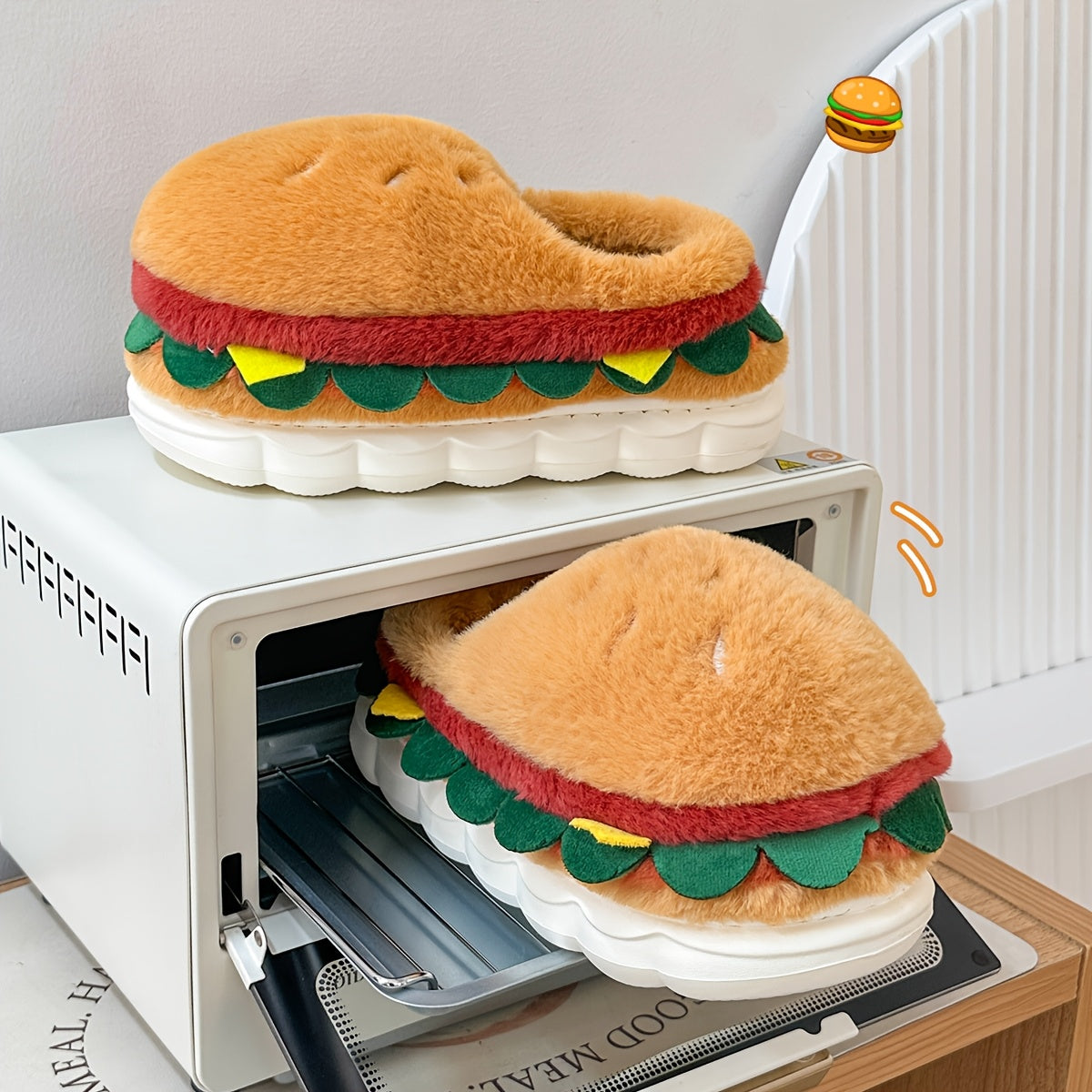 Unisex Plush Slippers Winter Warm Soft Fabric EVA Sole Playful Hamburger Design
