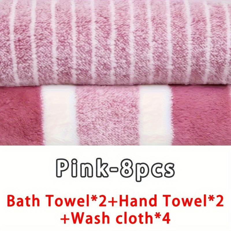 8-Piece Striped Microfiber Towel Set Bath Hand Washcloths Quick-Drying Absorbent