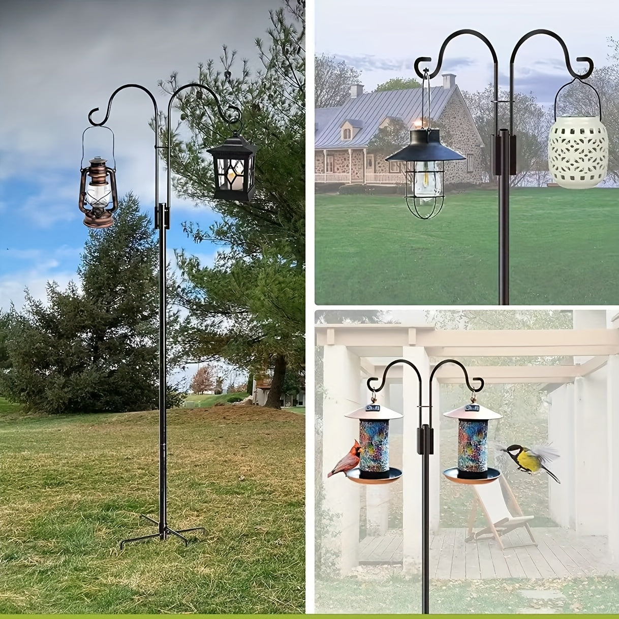 Outdoor Double Hook for Bird Feeders Plants Lanterns Metal Garden Pole with 5-Claw Base