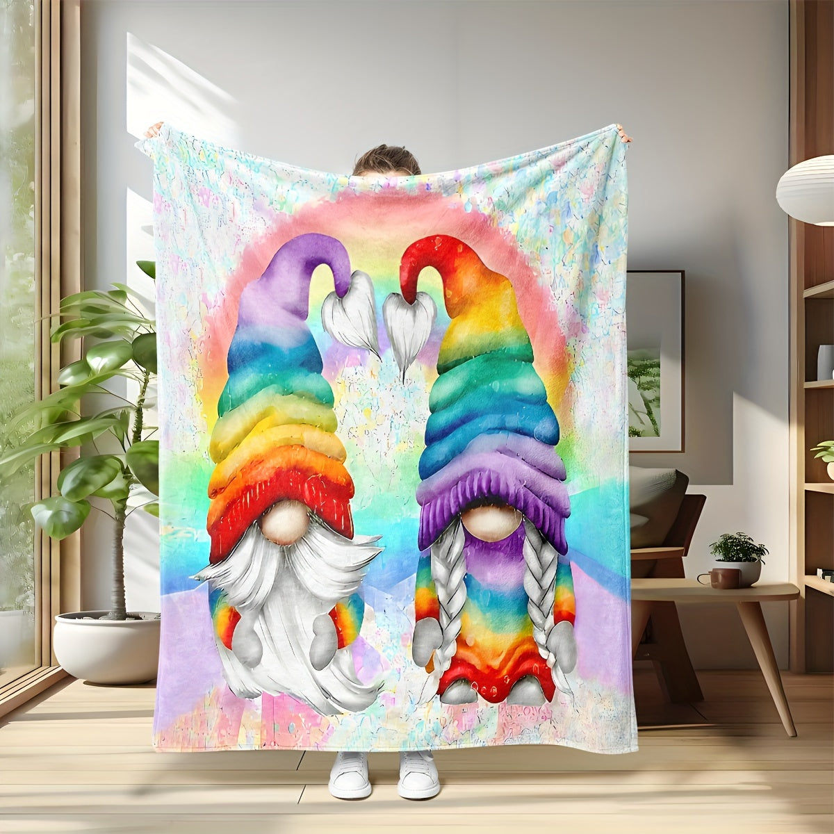 Contemporary Cartoon Gnome Throw Blanket Soft Knitted Polyester for Sofa Bed Travel