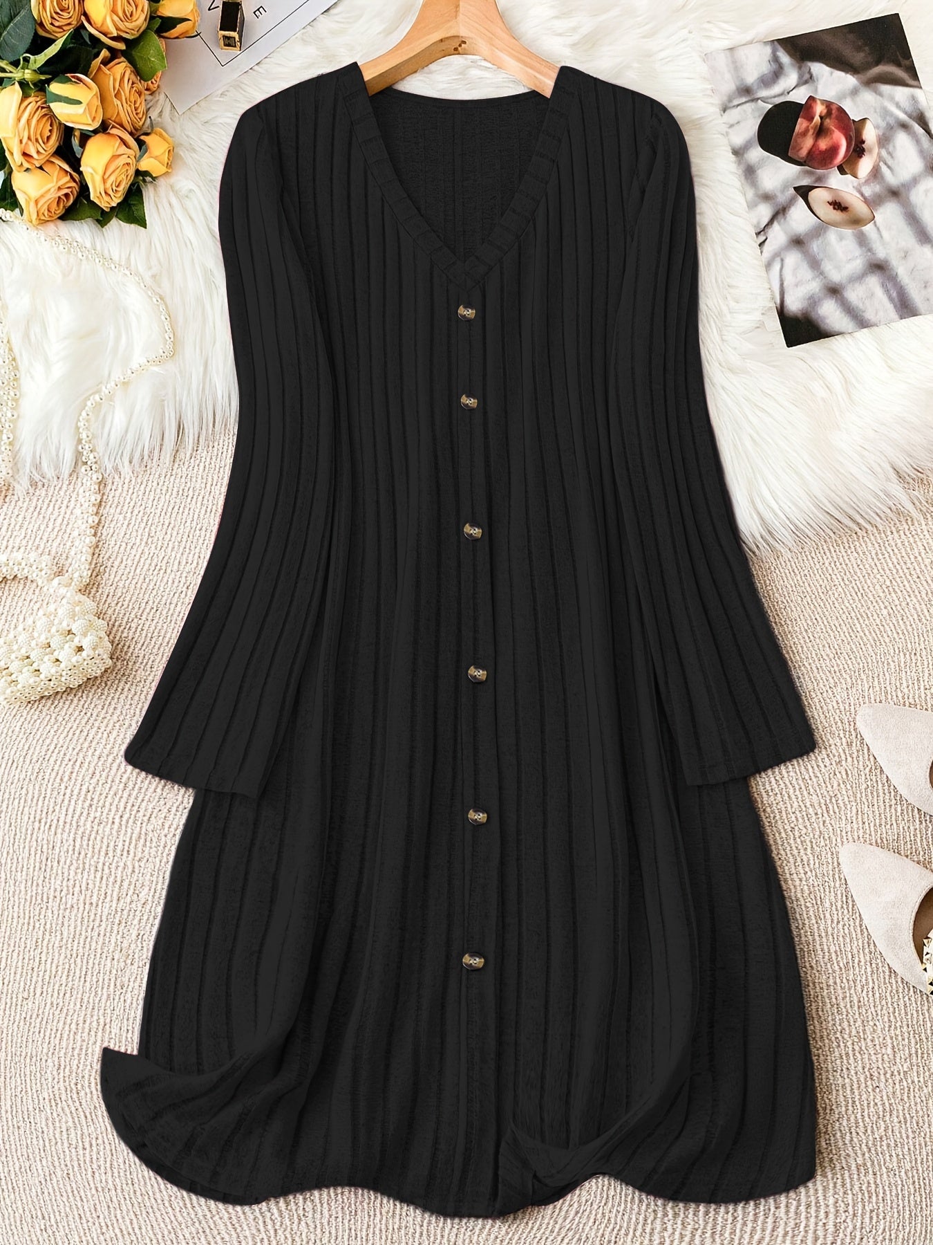 Women's Solid Color V-Neck Long Sleeve Dress Made of Stretchy Polyester Blend for Fall Winter Casual Wear