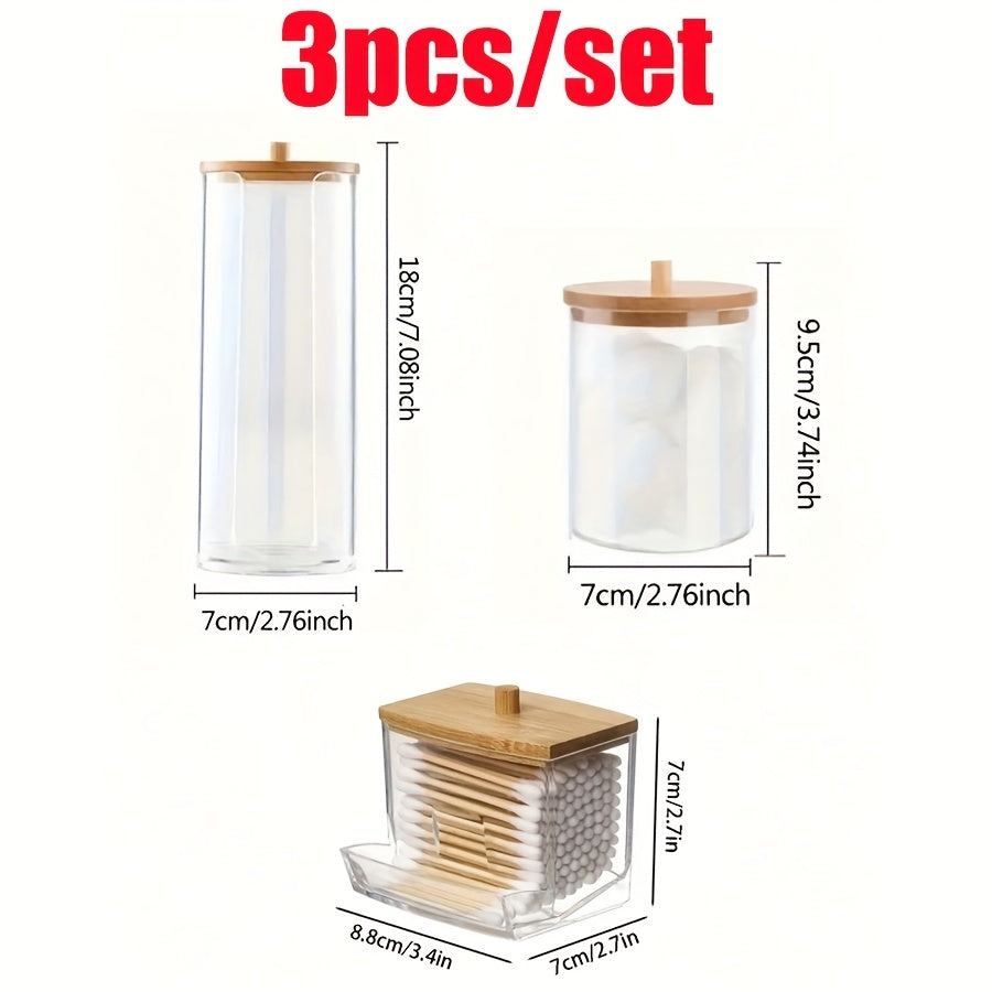 Transparent Storage Jars with Bamboo Lids and Wooden Dispenser for Bathroom and Home Office Organization
