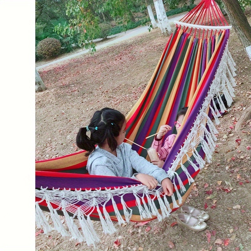 Bohemian Style Cotton Blend Hammock with Fringe Thick Ropes 204kg Capacity for Outdoor Garden Patio