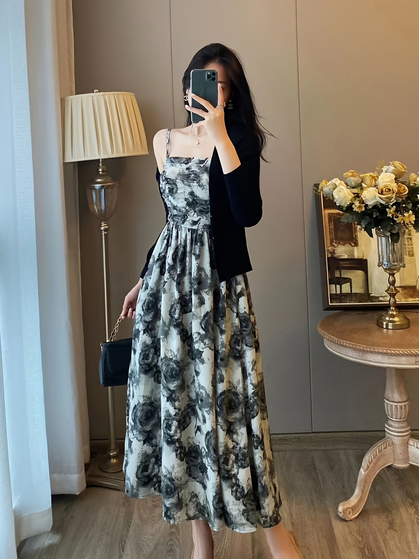 Conjunto de ropa con estampado floral para mujer con vestido de camisola y cárdigan para primavera y verano