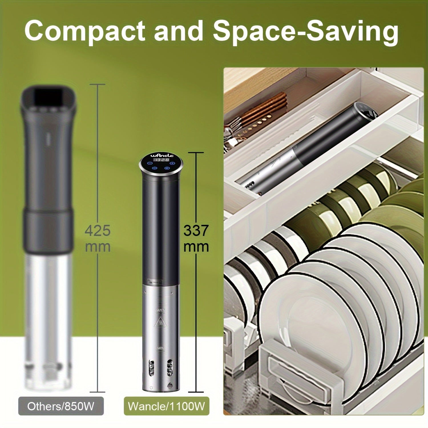 Wancle Sous Vide Cooker 1100W - функция резервирования, дизайн из нержавеющей стали, идеально подходит для стейков, рыбы и овощей. Легко хранить благодаря удобному интерфейсу.