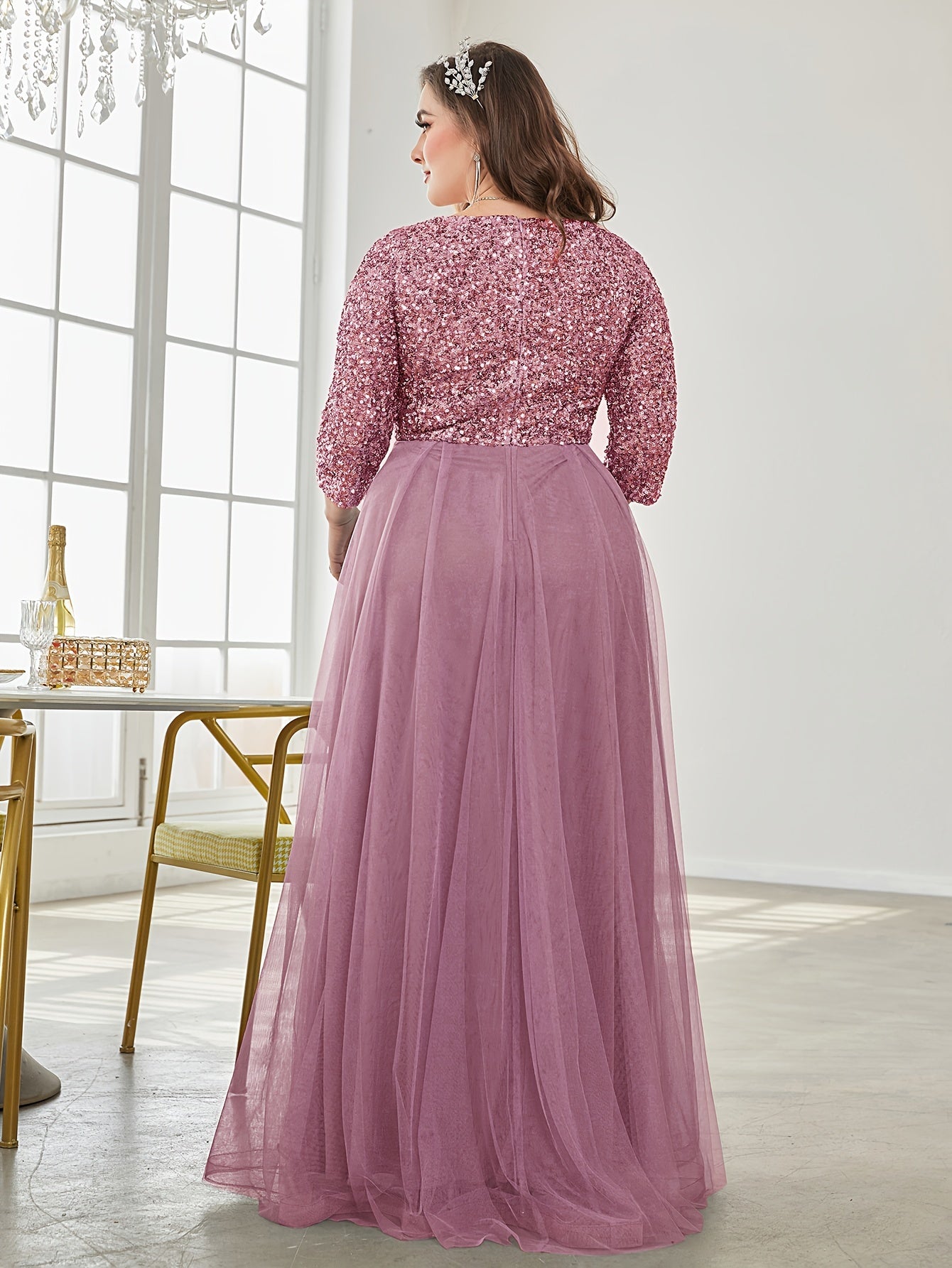 Vestido largo de novia y dama de honor con lentejuelas de talla grande, falda de tul