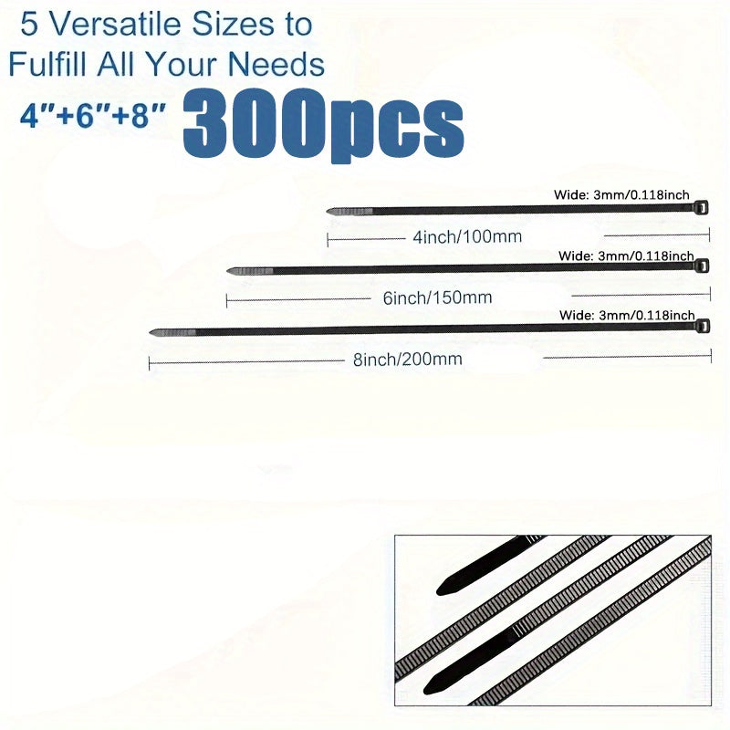300 Pieces Black Nylon Zip Ties Adjustable Waterproof Self-Locking Bundling