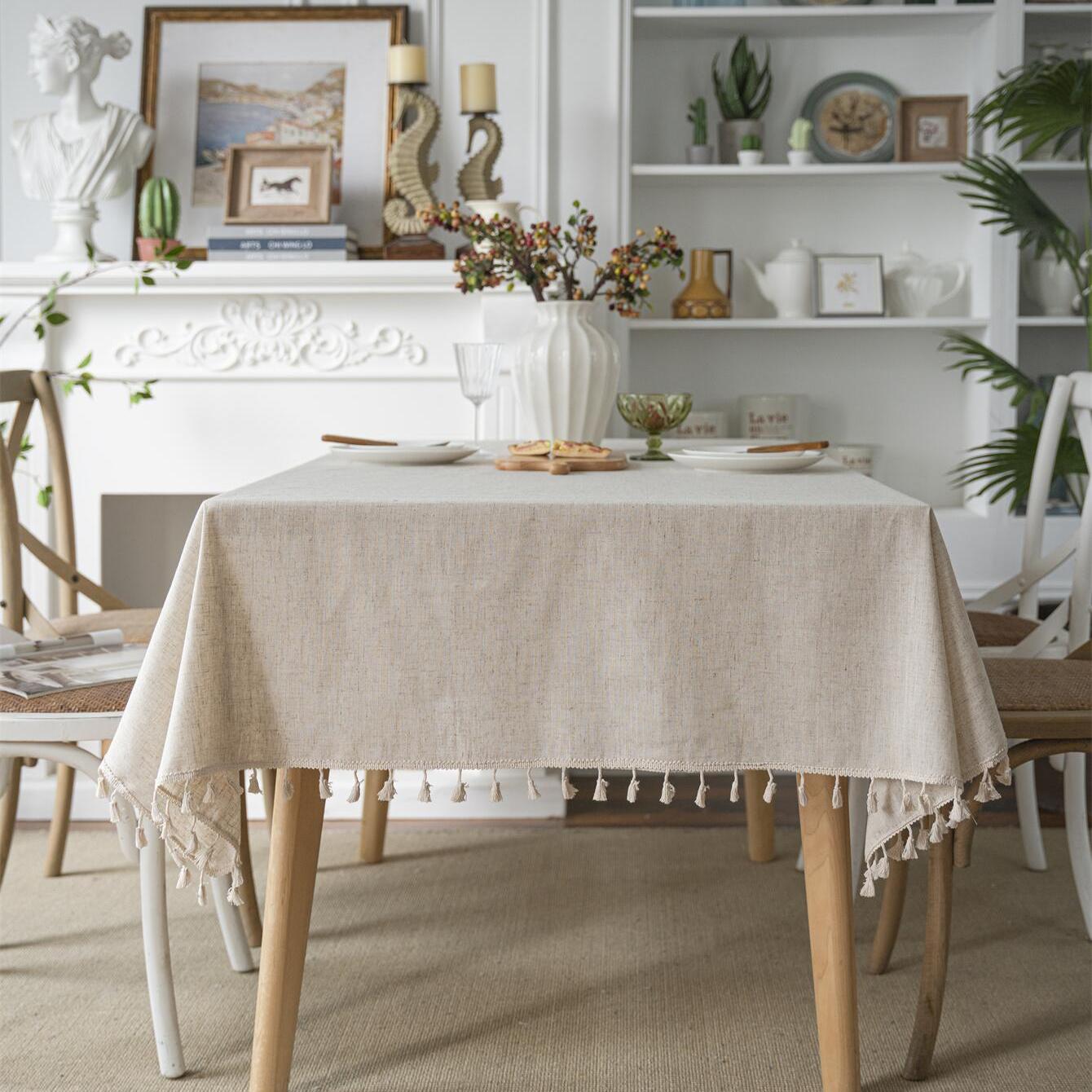 Beige Linen Farmhouse-Style Tablecloth with Fringed Edges for Holidays and Events