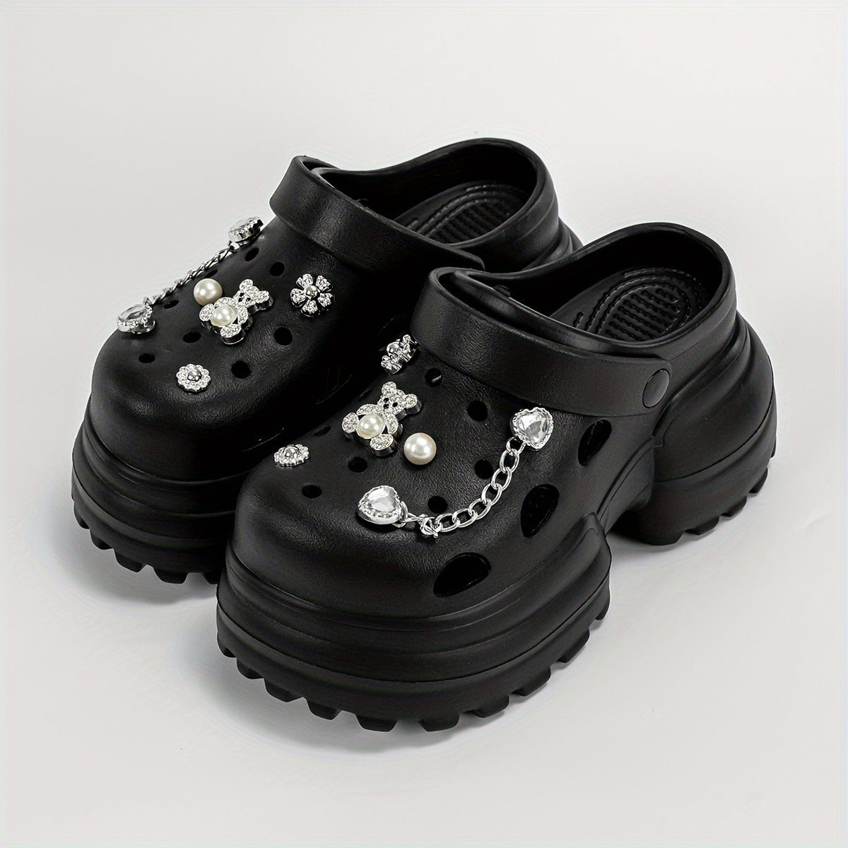 Women Silver Bear Chain High Heel Shoes 10cm Hole Style