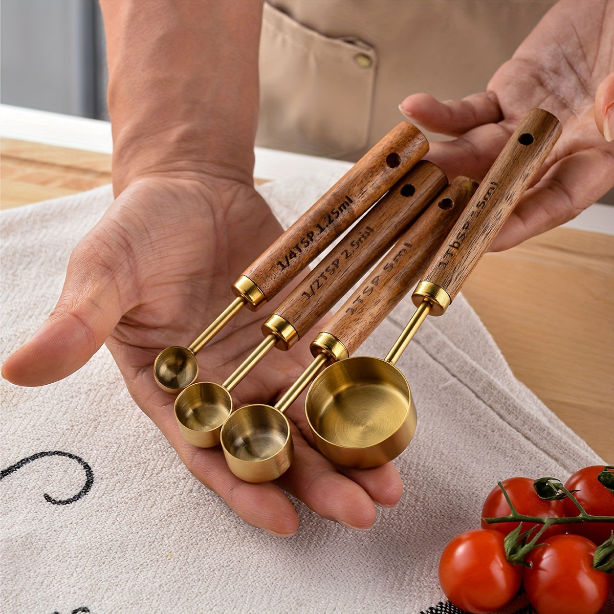 Set of 4 Stainless Steel Measuring Spoons with Wooden Handles for Baking and Cooking