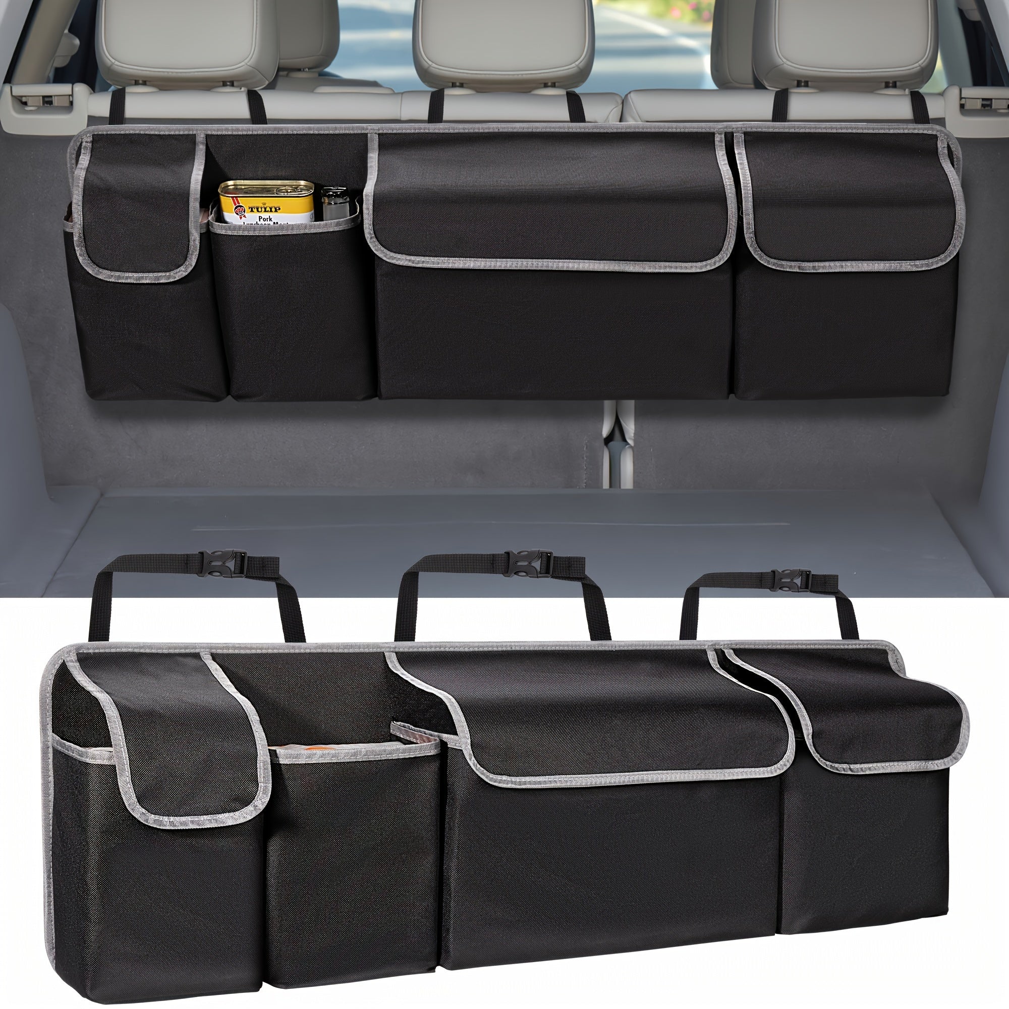 Organizador de asiento trasero para coche, de nylon, con 4 bolsillos, almacenamiento de carga para SUVs, camiones y furgonetas